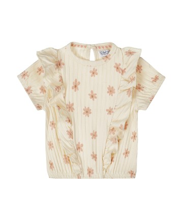 花朵荷葉邊米白色短袖上衣56cm