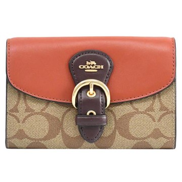 COACH C7374 KLEO 經典老花拼色釦式中夾.駝/磚紅