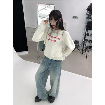 SIXI四喜家秋季 悉尼日記 復古撞色字母刺繡圓領毛衣女寬松針織衫