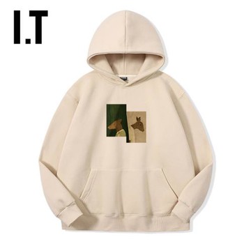 香港潮牌新款連帽衛衣男加絨加厚寬松兩只鹿印花春秋杏色情侶外套