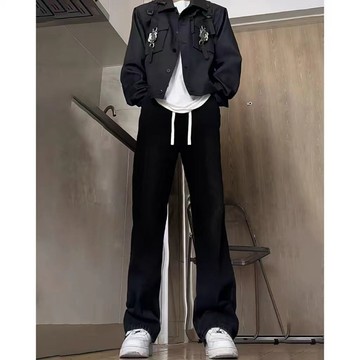 【老林】cleanfit 純黑色抽繩鬆緊腰牛仔褲男 美式vibe褲子 痞帥高級感直筒褲