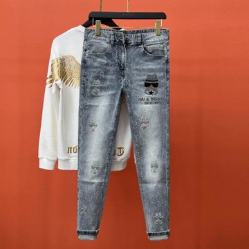 小腳牛仔長褲男淺藍色高端燙鉆修身款微彈哈倫褲百搭高品質褲子男