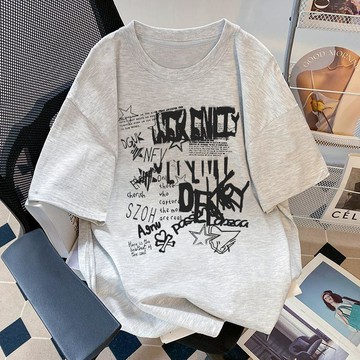 臺灣出貨 重磅100%純棉國潮牌字母印花短袖T恤女夏季小衆設計感白灰色上衣球衣籃球服短袖t恤
