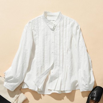 成熟穿搭必備 優雅百褶領襯衫 透氣舒適  質感面料 白色 240321-1