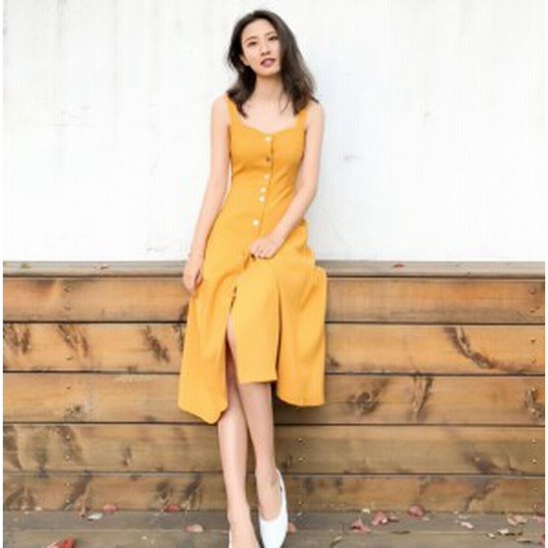 ミモレ丈 ワンピース ノースリーブ ジャンパースカート フロントボタン イエロー 夏服 秋服 韓国 ファッション 通販 Lineポイント最大1 0 Get Lineショッピング