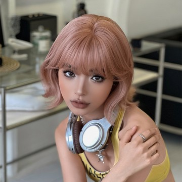 d176 新品假髮女短捲髮網紅橘粉色化纖仿真短髮高溫啞光絲整頂頭套