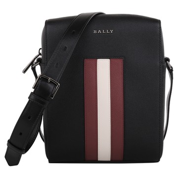 BALLY 金屬銀字紅白織帶皮革斜背郵差包(黑)