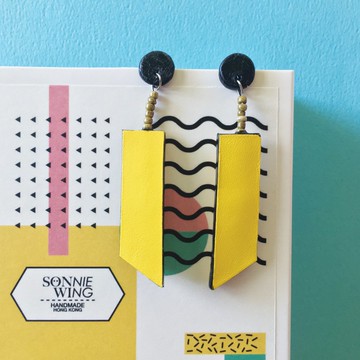 節日禮物 長形配色皮革耳環 純銀耳針