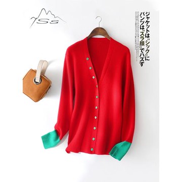 盛開中國紅~羊絨開衫女100純山羊絨拼色薄款設計感V領針織外套