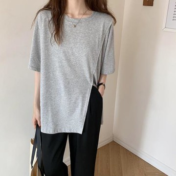 灰色t恤女夏季寬松設計感小眾體恤中長款短袖棉質不規則開叉上衣