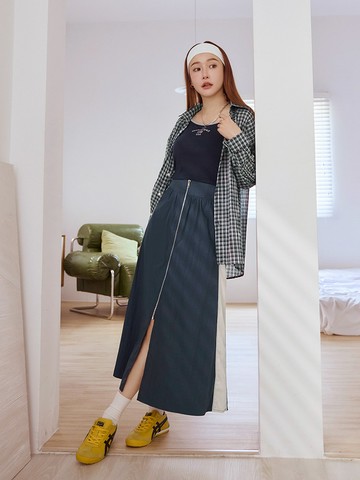 高腰鬆緊撞色拉鍊前開衩長裙