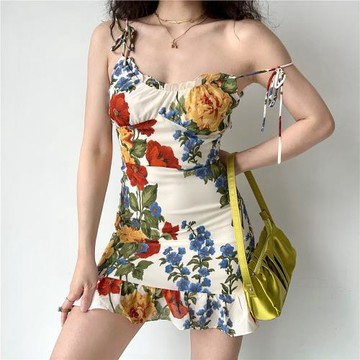 Go Girl Go 歐美風油畫印花綁帶復古吊帶連衣裙女荷葉邊短裙a字裙