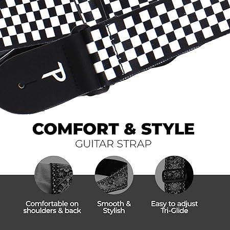 Black  White Checker Perri’s Leathers Ltd. ギターストラップ 調節可能