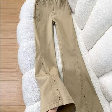 卡其色美式微喇牛仔褲女 年春季新款休閒高腰時尚設計感喇叭褲