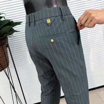夏季百搭休閑褲男韓版百搭條紋直筒褲子彈力商務青年修身西裝褲子