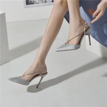 春夏新款包頭綁帶涼鞋超高跟細跟女尖頭水鉆鏈條鞋銀色細帶高跟鞋