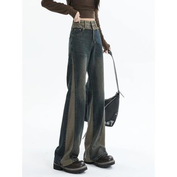 IDOLERA復古藍做舊牛仔褲女2025夏季款拼接撞色高腰闊腿微喇褲子