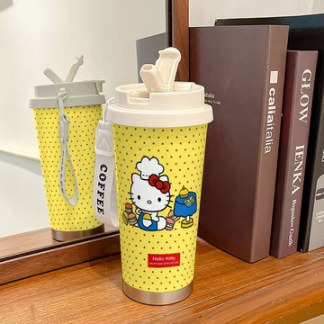 kitty保溫杯 卡通波點kt貓保溫杯學生高顏值雙飲大容量316不銹鋼水杯帶吸管女