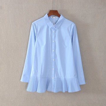 春秋款女裝修身甜美日系長袖polo領百褶純色棉襯衫顯瘦