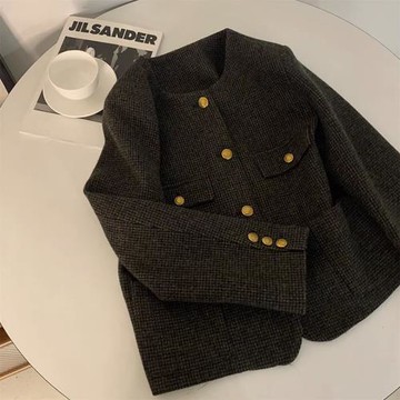 韓國chic2025秋季新款修身顯瘦法式復古百搭小香風短款毛呢外套女