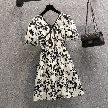 品牌折扣店商場專柜撤柜女裝尾貨清倉夏季法式桔梗碎花短袖連衣裙