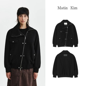 【MATIN KIM】官方直營 不對稱設計針織拉鍊外套 黑色