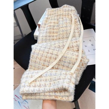 小香風千鳥格子高腰闊腿休閑長褲男女冬慵懶松弛感加厚毛絨糯米褲