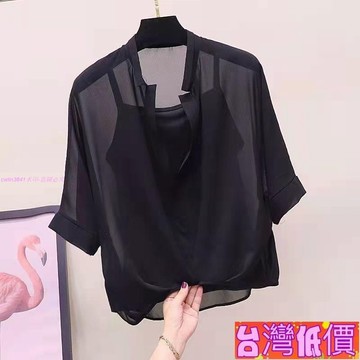 悅裳💎台灣免運💎[店鋪熱銷]雪紡衫吊帶兩件套春夏新款女學生襯衣蝙蝠袖韓版中袖寬鬆襯衫