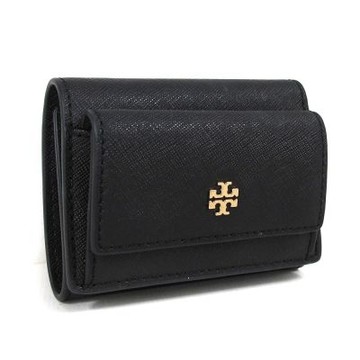 TORY BURCH EMERSON 金屬雙T LOGO防刮皮革三折壓釦式短夾(黑色)
