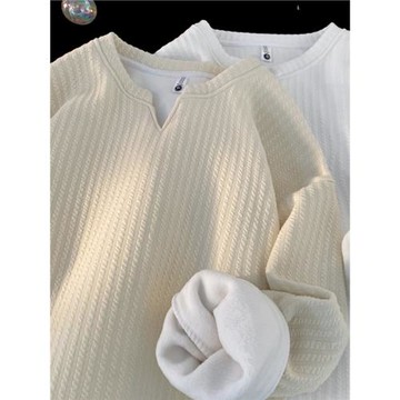 肌理感V領打底衫男款冬季加絨加厚青少年內搭潮牌2024新款長袖T恤