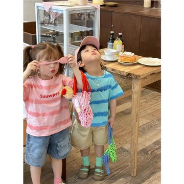 兒童韓版夏裝兄妹裝短袖上衣扎染T恤男女童龍鳳胎寶寶針織打底衫T