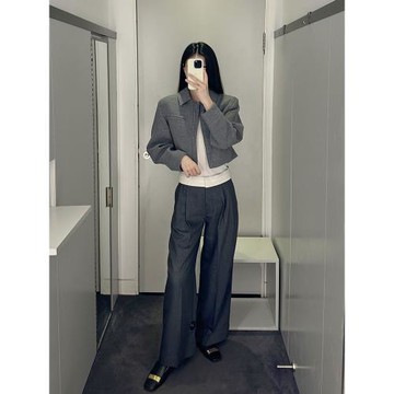 極簡COS風休閑版闊腿高腰褶裥羊毛長褲深灰25春秋新通勤女休閑褲