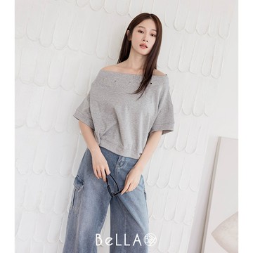 【夏季新品】BeLLA 流行斜肩棉質上衣 灰色