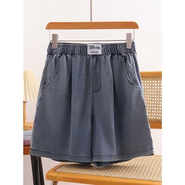 胖MM夏季韓版新款大碼女裝休閑褲松緊腰字母貼布天絲牛仔闊腿短褲