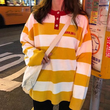 春秋季新款韓版學院風刺繡條紋套頭毛衣女寬松顯瘦針織衫上衣學生1入