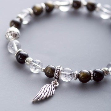 黑曜石黑髮晶925純銀手鍊 | 黑瑪瑙辦公室辟邪防小人人水晶手鏈