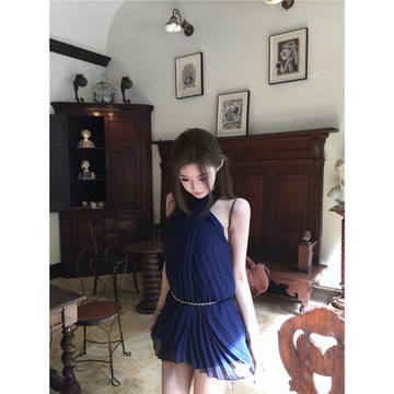kikimy【古早韓味】掛脖連衣裙女夏藍色裙禮服藍色褶皺連身裙裙子