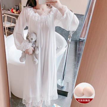 網紗宮廷公主風帶胸墊睡衣女夏季薄款長款過膝純棉莫代爾春秋睡裙