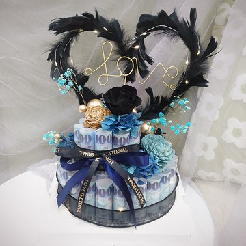 【KIRA與花花藝】心之飛翔雙層有錢花鈔票蛋糕/黑夜藍/生日禮物/情人節禮物/永生花
