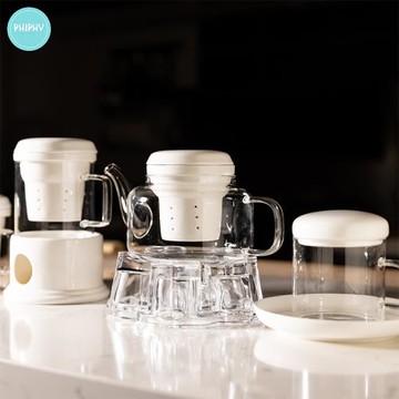 PHIPHY玻璃茶壺泡茶壺方把手耐熱高溫花茶壺茶杯帶蓋茶具套裝家用