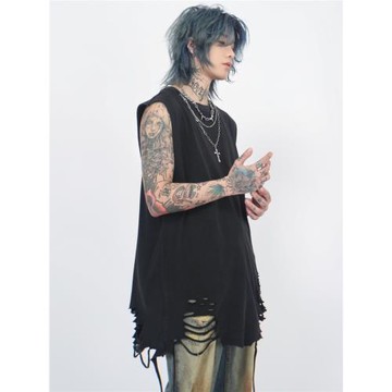 Mz 高街oversize做舊水洗下擺手割破洞純色打底寬肩背心t恤夏季