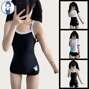 日系可愛少女保守學生遮肚顯瘦小胸泳裝黑色死庫水連體泳衣女夏