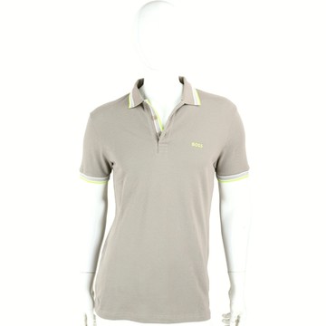 BOSS 刺繡字母撞色條紋領深卡其純棉POLO衫(男款)