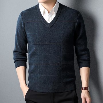 恒源祥雞心領羊毛衫男提花格子V領毛衣冬季加厚中老年爸爸裝新款