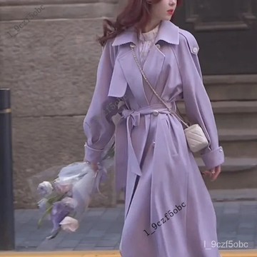韓版紫色風衣外套女 寬鬆中長款雙排扣大衣 新款春秋季百搭時尚休閒