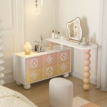 奶油風少女漸變色書桌 女生梳妝臺法式斗柜收納儲物 兒童房家用臥室多巴胺化妝桌子 轉角式書桌一體學生學習寫字檯 書房辦公桌