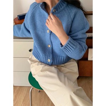 2025新款秋冬多巴胺彩色圓領粗針高克重羊毛短款針織衫毛衣女