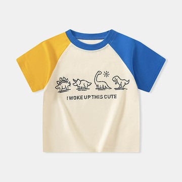 BE TOP - 純棉短袖上衣-可愛恐龍-黃藍拼袖