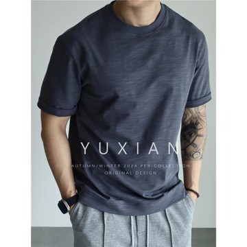 YUXIAN日系竹節棉抗菌透氣純棉寬松短袖圓領T恤精梳棉休閑春夏季