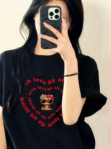 印花短袖T恤白色寬鬆休閒kt黑皮純棉上衣男女圓領純棉重磅長袖女生上衣 慵懶風 男生短袖 oversize寬鬆 韓版短T